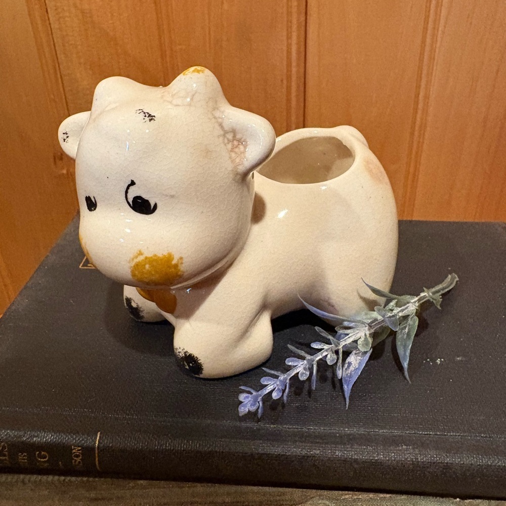 Vintage small ceramic cow planter